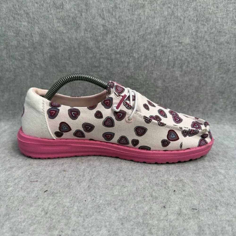 Hey Dude Shoes Youth 4 Wendy White Pink Slip On Heart Print Comfort Shoes New